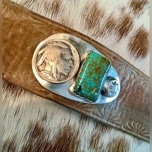 Leather/ turquoise cuff, up to 8” wrist
